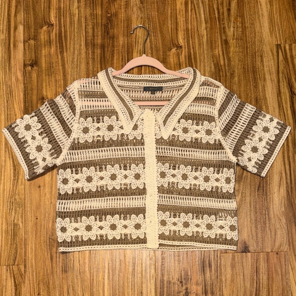 Miroh women’s large top button down crochet knit brown cream sweater collared